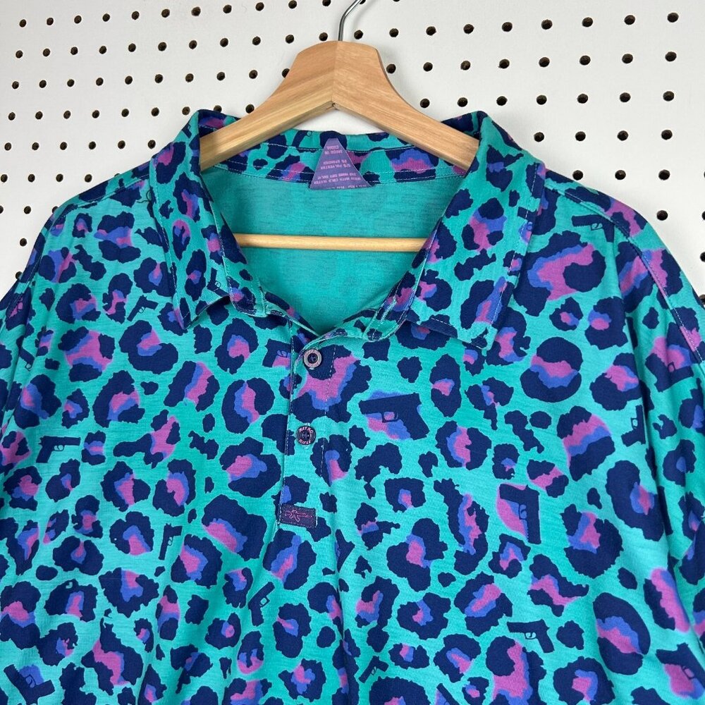 Retro Rifle Leopard Miami Polo Shirt Size 4XL RARE PRINT Golf Performance LOUD - Picture 3 of 6